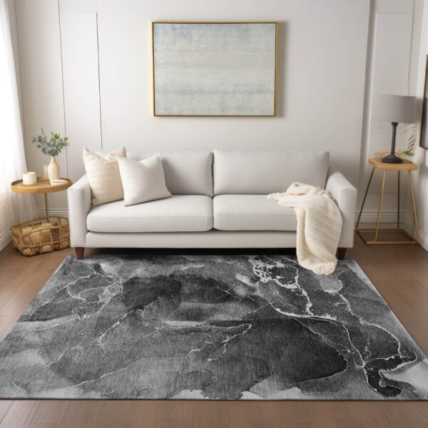 5' X 8' Black Gray and White Abstract Washable Non Skid Indoor Outdoor Area Rug