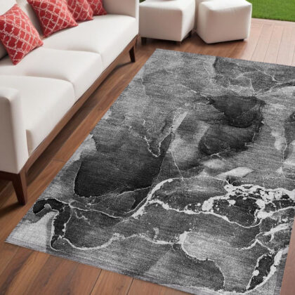 5' X 8' Black Gray and White Abstract Washable Non Skid Indoor Outdoor Area Rug