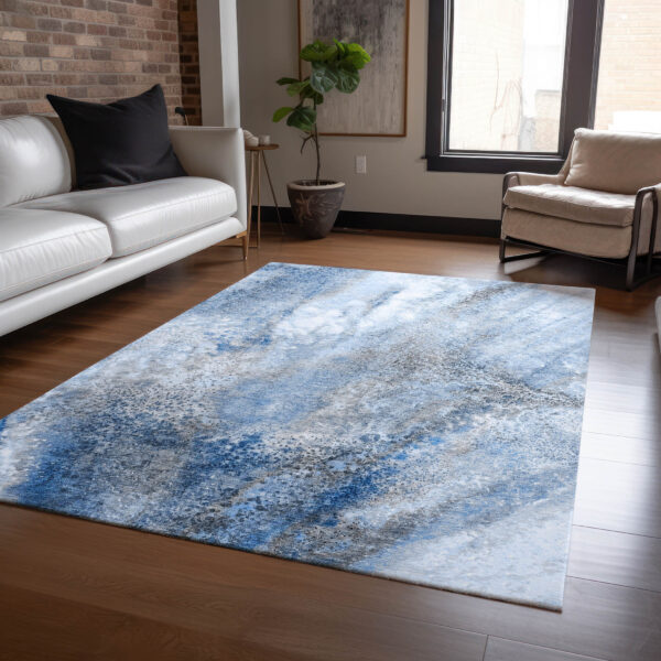 9' X 12' Ivory Blue and Gray Abstract Washable Non Skid Indoor Outdoor Area Rug