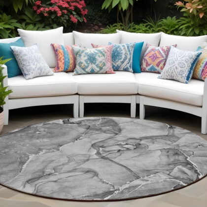 8' Round Gray and Ivory Round Abstract Washable Non Skid Indoor Outdoor Area Rug