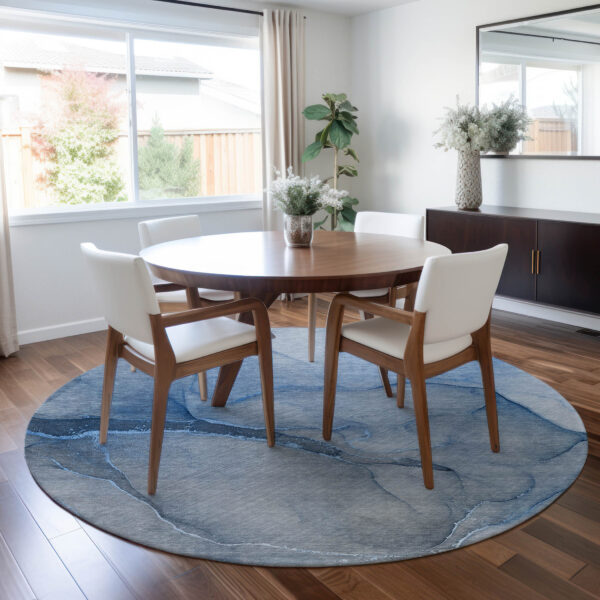 8' Round Blue Round Abstract Washable Non Skid Indoor Outdoor Area Rug