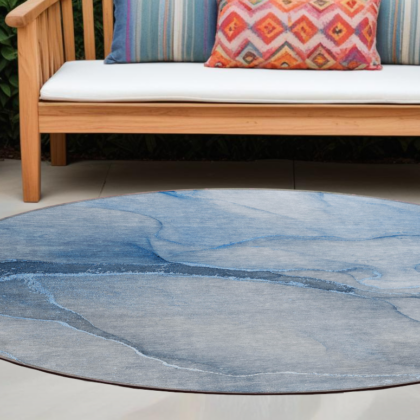 8' Round Blue Round Abstract Washable Non Skid Indoor Outdoor Area Rug