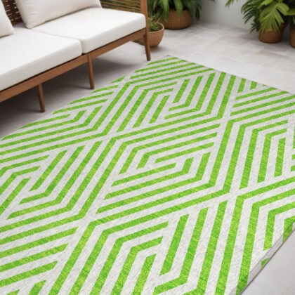 5' X 8' Lime Green and White Geometric Washable Non Skid Indoor Outdoor Area Rug