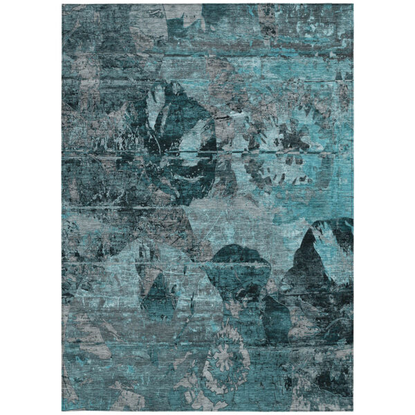 3' X 5' Teal and Gray Floral Washable Non Skid Indoor Outdoor Area Rug