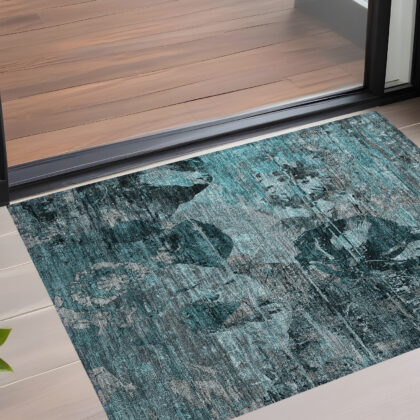 3' X 5' Teal and Gray Floral Washable Non Skid Indoor Outdoor Area Rug
