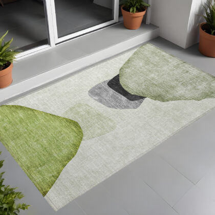 2' X 3' Green Black and Gray Abstract Washable Non Skid Indoor Outdoor Area Rug