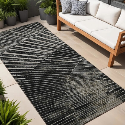 8' Runner Black and Ivory Abstract Washable Non Skid Indoor Outdoor Runner Rug