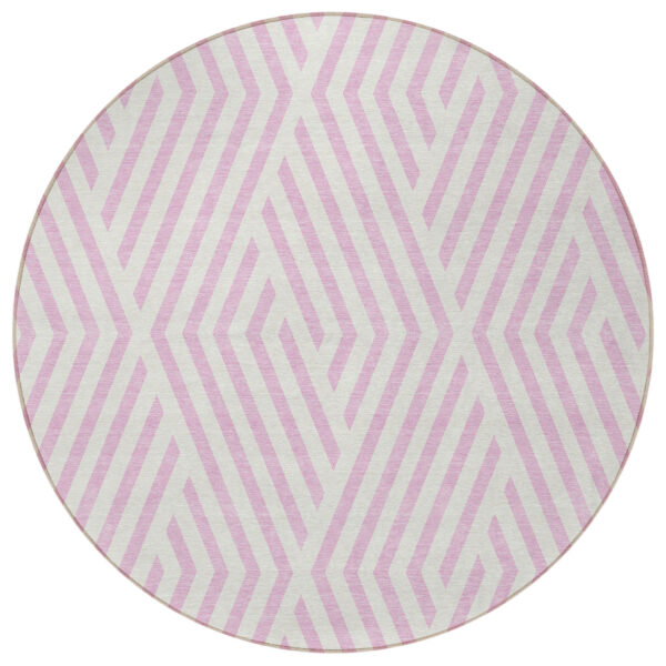 8' Round Pink and White Round Geometric Washable Non Skid Indoor Outdoor Area Rug