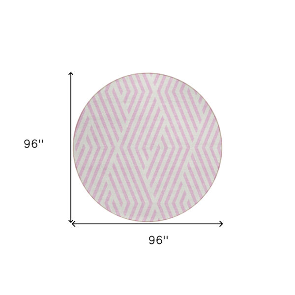 8' Round Pink and White Round Geometric Washable Non Skid Indoor Outdoor Area Rug