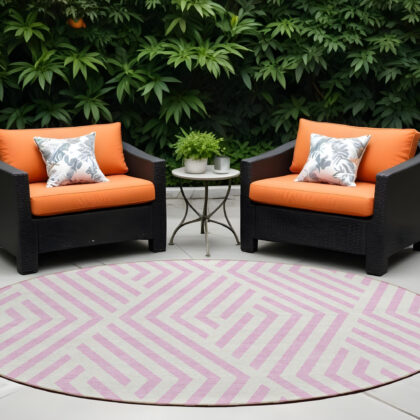 8' Round Pink and White Round Geometric Washable Non Skid Indoor Outdoor Area Rug