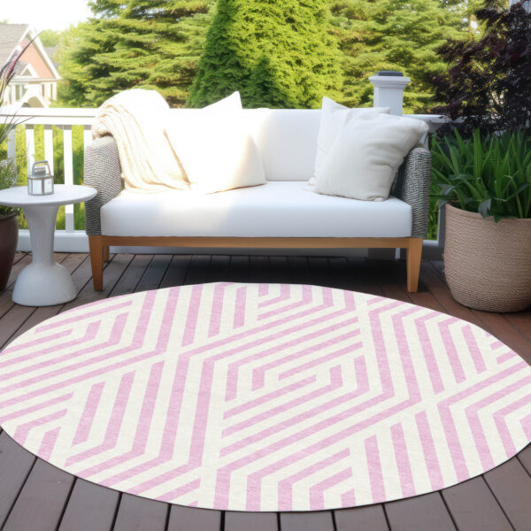 8' Round Pink and White Round Geometric Washable Non Skid Indoor Outdoor Area Rug