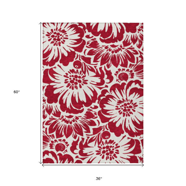 3' X 5' Burgundy and White Floral Washable Non Skid Indoor Outdoor Area Rug