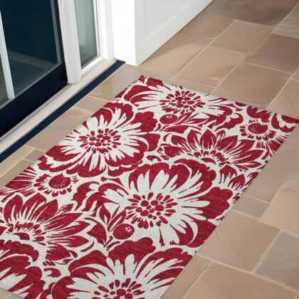 3' X 5' Burgundy and White Floral Washable Non Skid Indoor Outdoor Area Rug