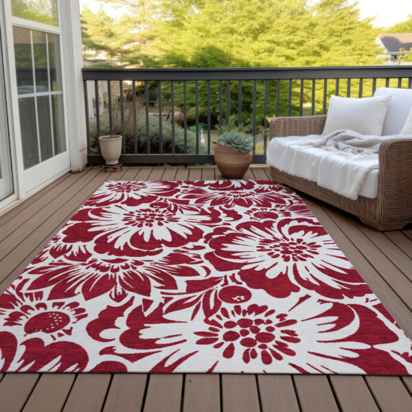 3' X 5' Burgundy and White Floral Washable Non Skid Indoor Outdoor Area Rug