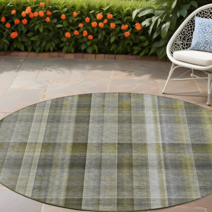 8' Round Gray Round Plaid Washable Non Skid Indoor Outdoor Area Rug