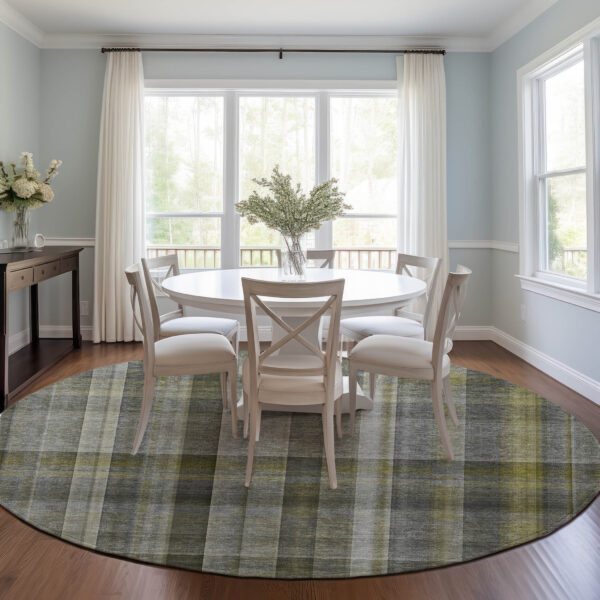 8' Round Gray Round Plaid Washable Non Skid Indoor Outdoor Area Rug