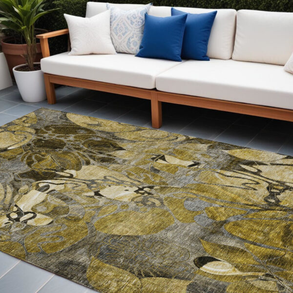 10' X 14' Green and Brown Floral Washable Non Skid Indoor Outdoor Area Rug