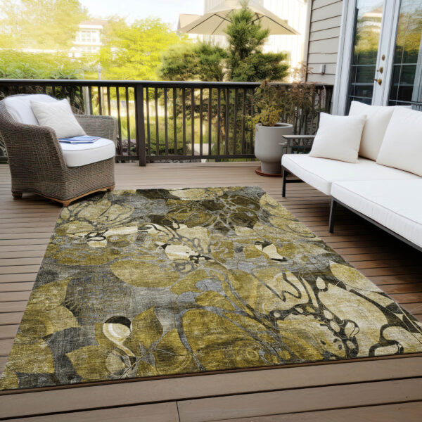 10' X 14' Green and Brown Floral Washable Non Skid Indoor Outdoor Area Rug
