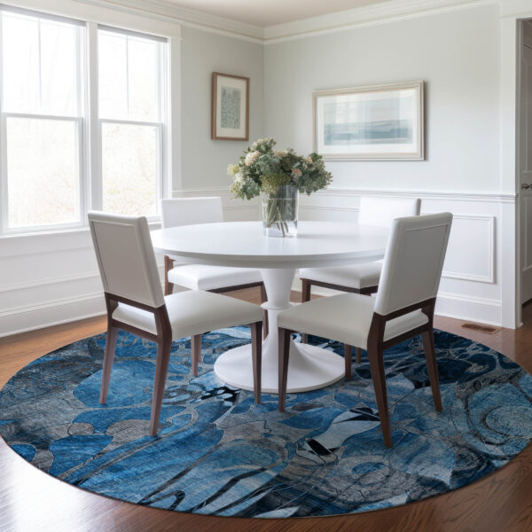 8' X 8' Blue and Gray Round Abstract Washable Indoor Outdoor Area Rug