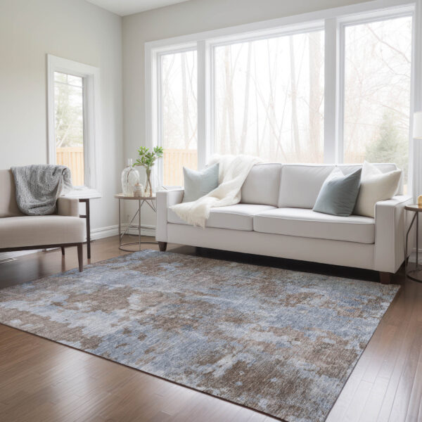 9' X 12' Mocha and Blue Abstract Washable Non Skid Indoor Outdoor Area Rug