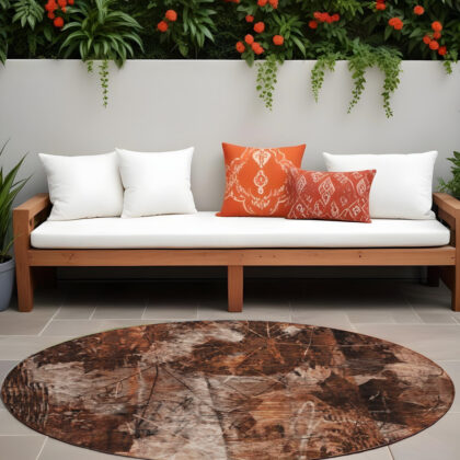 8' Round Orange Round Floral Washable Non Skid Indoor Outdoor Area Rug