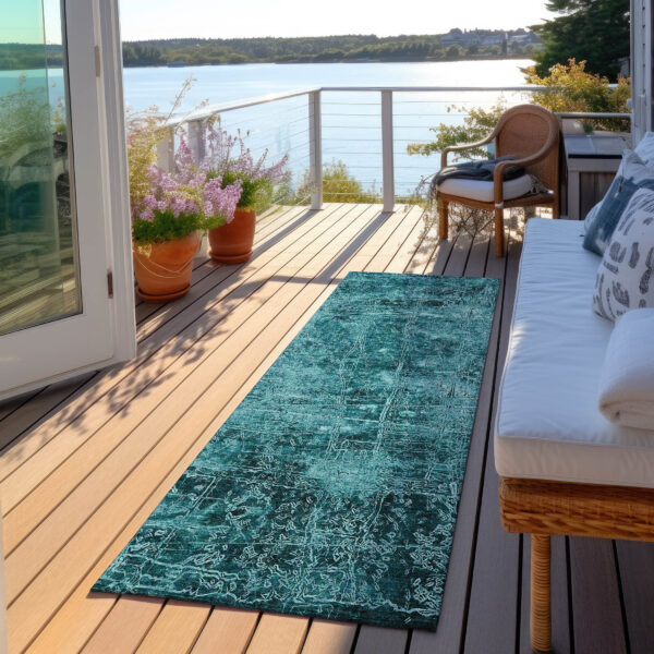 8' Runner Teal Abstract Washable Non Skid Indoor Outdoor Runner Rug
