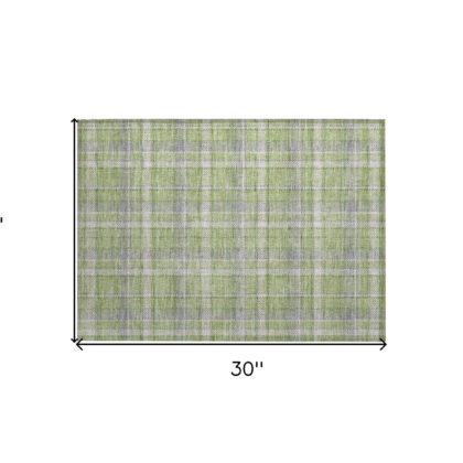 2' X 3' Green and Gray Plaid Washable Non Skid Indoor Outdoor Area Rug