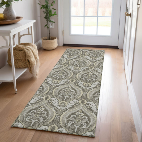 8' Runner Taupe and Beige Damask Washable Non Skid Indoor Outdoor Runner Rug