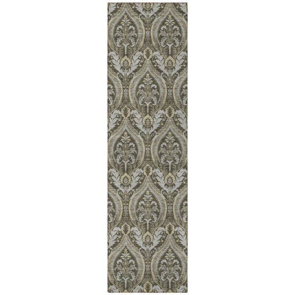 8' Runner Taupe and Beige Damask Washable Non Skid Indoor Outdoor Runner Rug