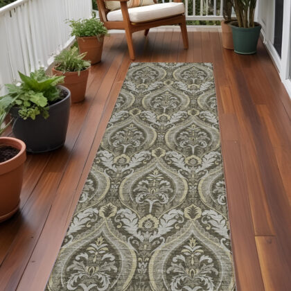 8' Runner Taupe and Beige Damask Washable Non Skid Indoor Outdoor Runner Rug