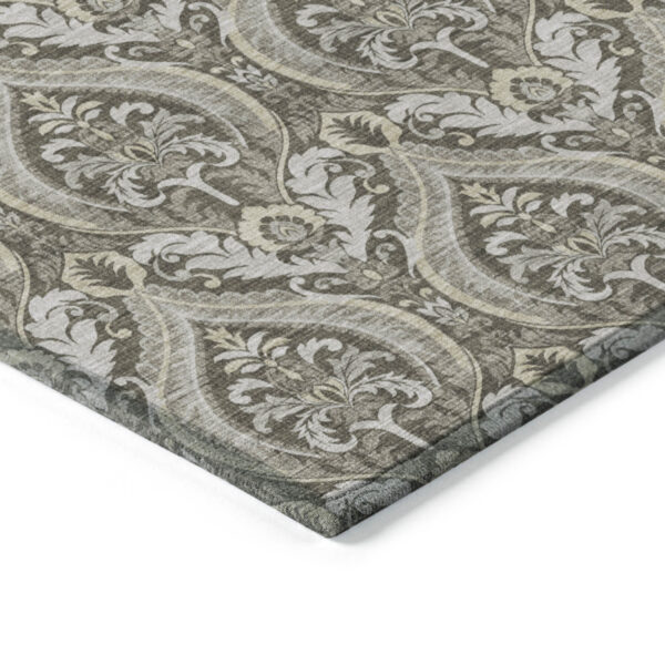 8' Runner Taupe and Beige Damask Washable Non Skid Indoor Outdoor Runner Rug