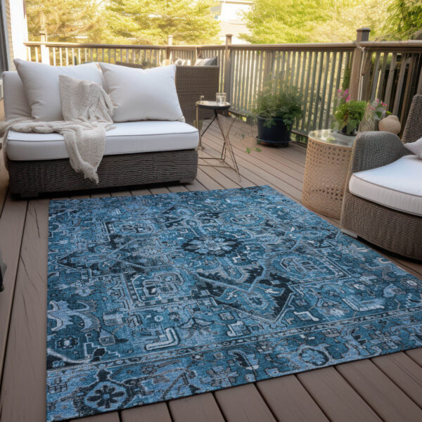 3' X 5' Denim and Gray Oriental Washable Non Skid Indoor Outdoor Area Rug
