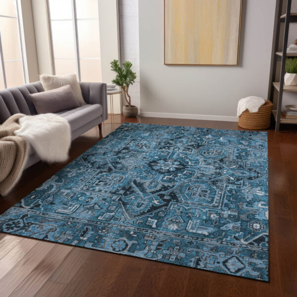 3' X 5' Denim and Gray Oriental Washable Non Skid Indoor Outdoor Area Rug