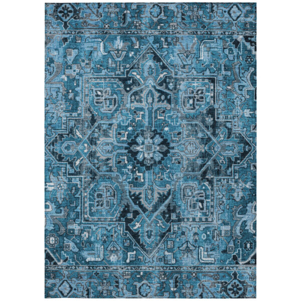 3' X 5' Denim and Gray Oriental Washable Non Skid Indoor Outdoor Area Rug