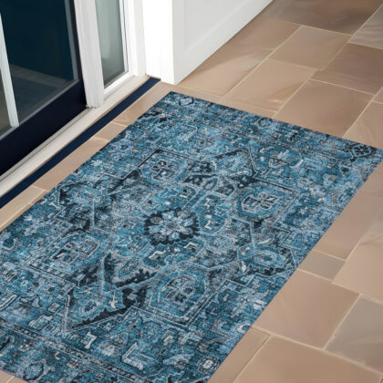 3' X 5' Denim and Gray Oriental Washable Non Skid Indoor Outdoor Area Rug