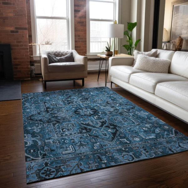 3' X 5' Denim and Gray Oriental Washable Non Skid Indoor Outdoor Area Rug