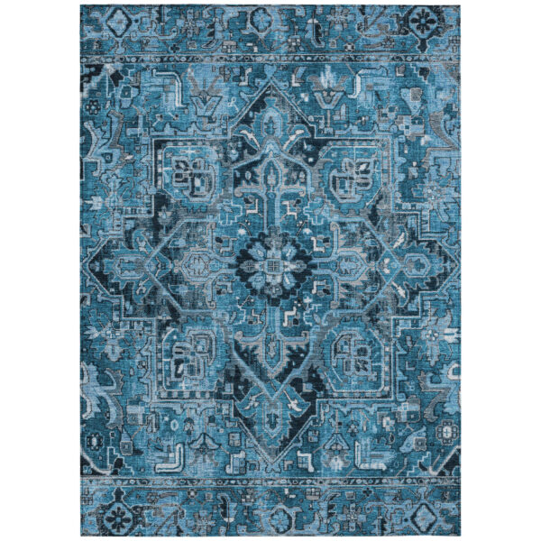 3' X 5' Denim and Gray Oriental Washable Non Skid Indoor Outdoor Area Rug