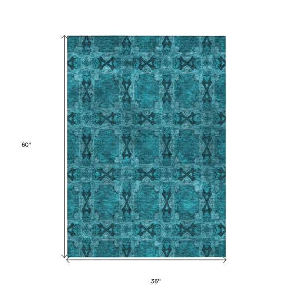 3' X 5' Teal Floral Medallion Washable Non Skid Indoor Outdoor Area Rug