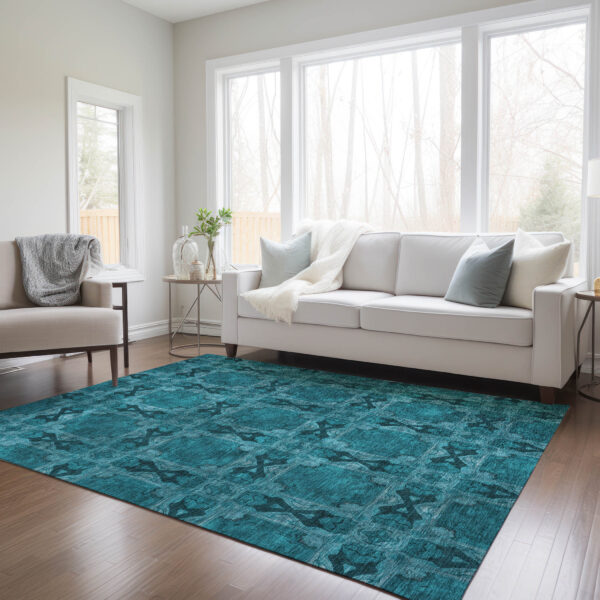3' X 5' Teal Floral Medallion Washable Non Skid Indoor Outdoor Area Rug