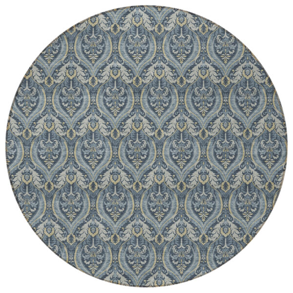 8' Round Blue and Cream Round Damask Washable Non Skid Indoor Outdoor Area Rug