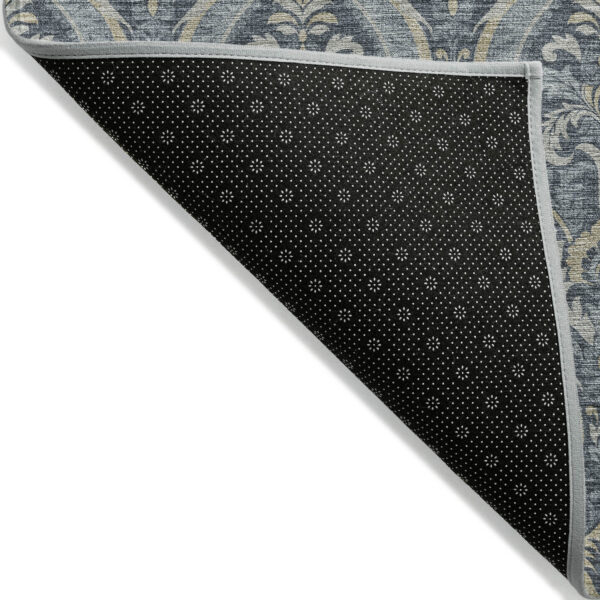 8' Round Blue and Cream Round Damask Washable Non Skid Indoor Outdoor Area Rug