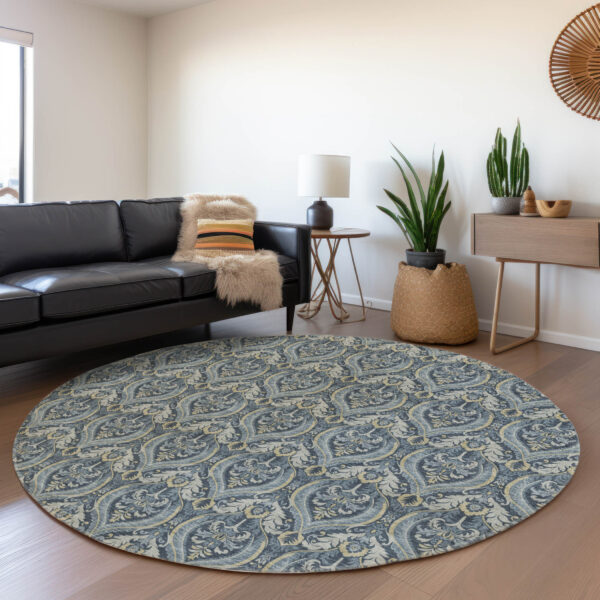 8' Round Blue and Cream Round Damask Washable Non Skid Indoor Outdoor Area Rug