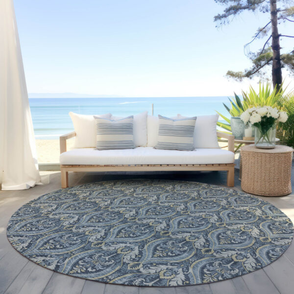 8' Round Blue and Cream Round Damask Washable Non Skid Indoor Outdoor Area Rug