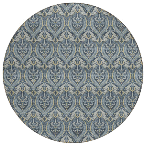 8' Round Blue and Cream Round Damask Washable Non Skid Indoor Outdoor Area Rug