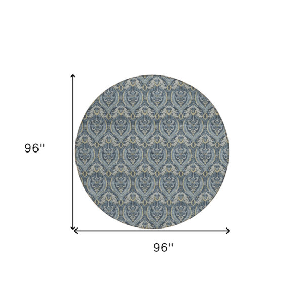 8' Round Blue and Cream Round Damask Washable Non Skid Indoor Outdoor Area Rug