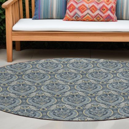 8' Round Blue and Cream Round Damask Washable Non Skid Indoor Outdoor Area Rug