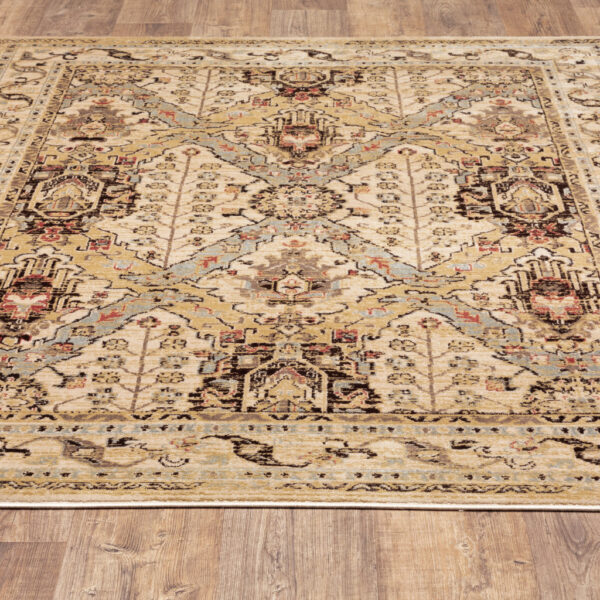10' X 13' Beige Grey Dolphin Blue Deep Teal Gold And Orange Oriental Power Loom Stain Resistant Area Rug