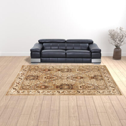 10' X 13' Beige Grey Dolphin Blue Deep Teal Gold And Orange Oriental Power Loom Stain Resistant Area Rug