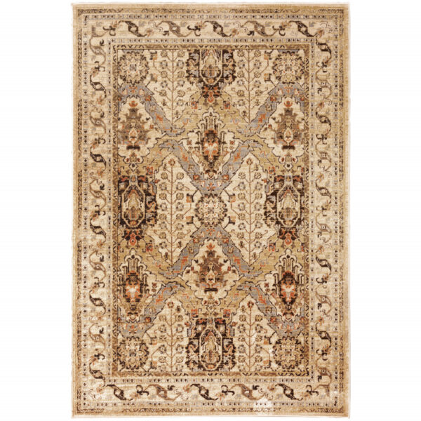 10' X 13' Beige Grey Dolphin Blue Deep Teal Gold And Orange Oriental Power Loom Stain Resistant Area Rug