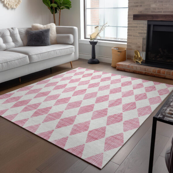 3' X 5' Pink And Ivory Geometric Washable Indoor Outdoor Area Rug